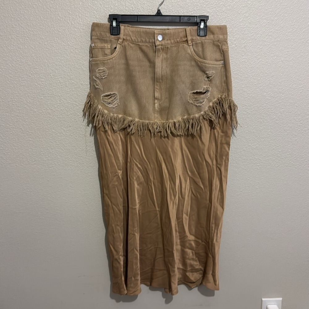 Pilcro Twofer Slip Midi Tan A-Line Skirt with Fringe Rodeo Cowgirl - Picture 3 of 7
